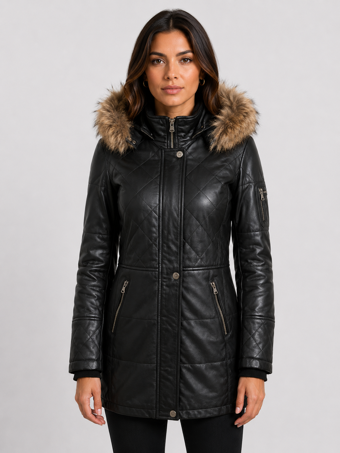 Women's black trench coat with fur hood for winter