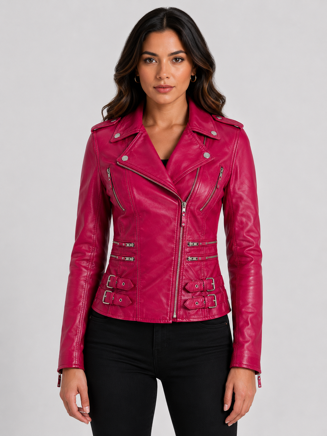 Pink women's leather biker jacket - outfit ideas 2026