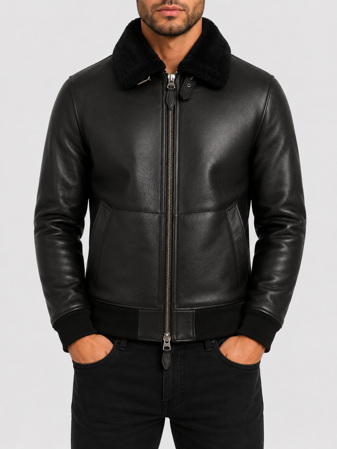 Men's black shearling bomber jacket with black fur for Canadian winter