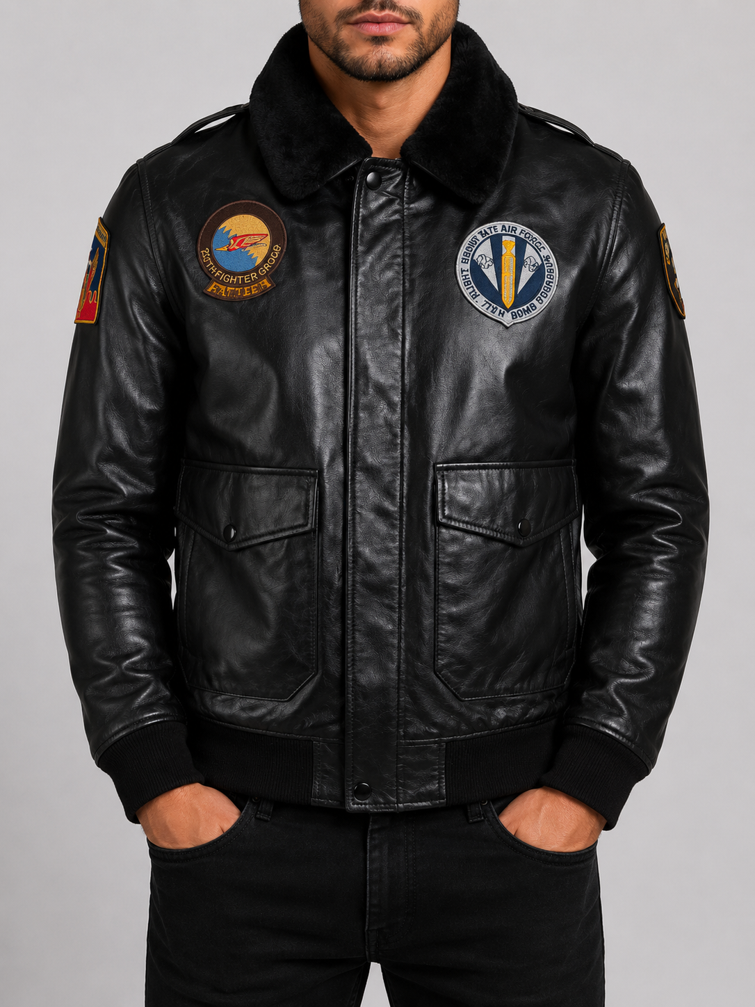 Man wearing an Alder & Stone black leather aviator jacket with patches and fur collar