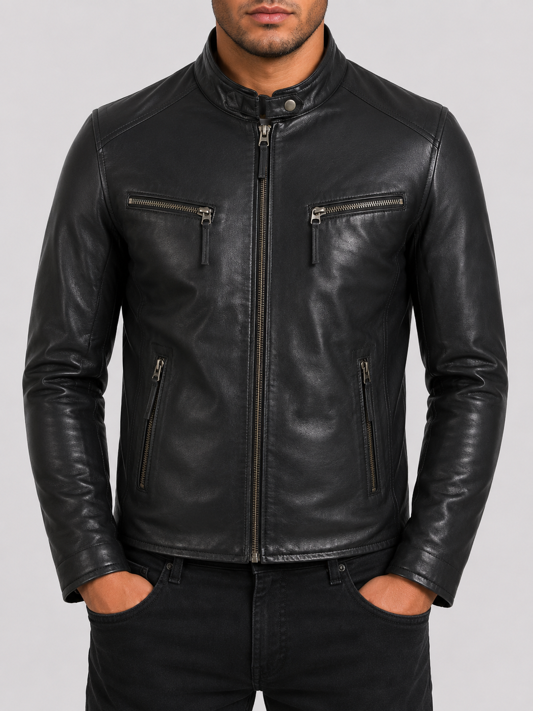 Man wearing an Alder & Stone fitted black leather biker jacket