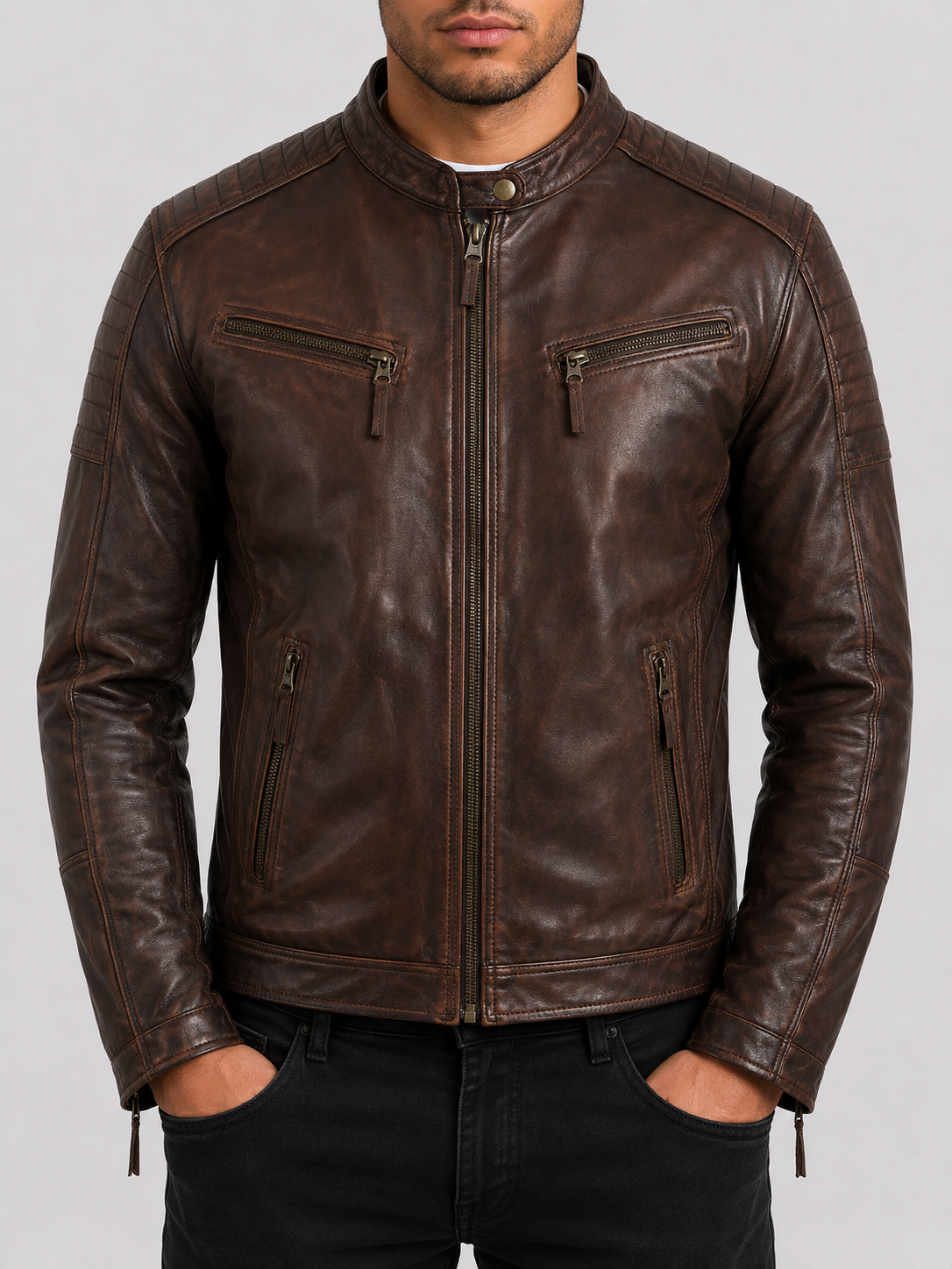 Brown leather biker jacket - Cheyenne Frontier Days outfit