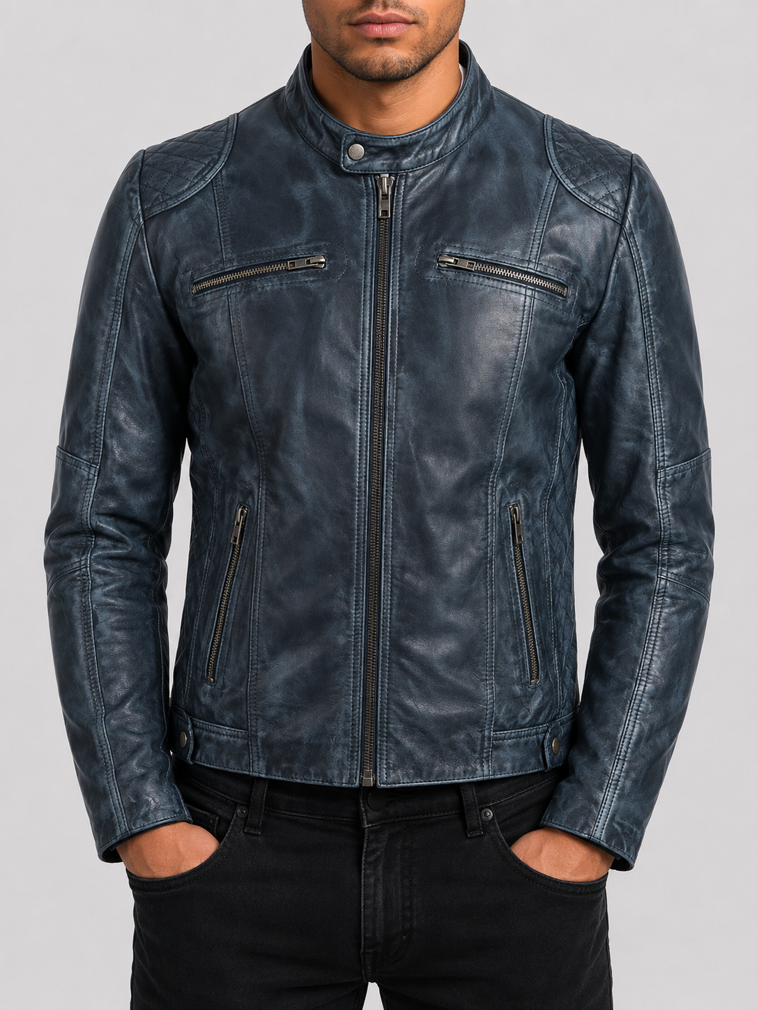 Frosty blue leather jacket - leather vs suede comparison