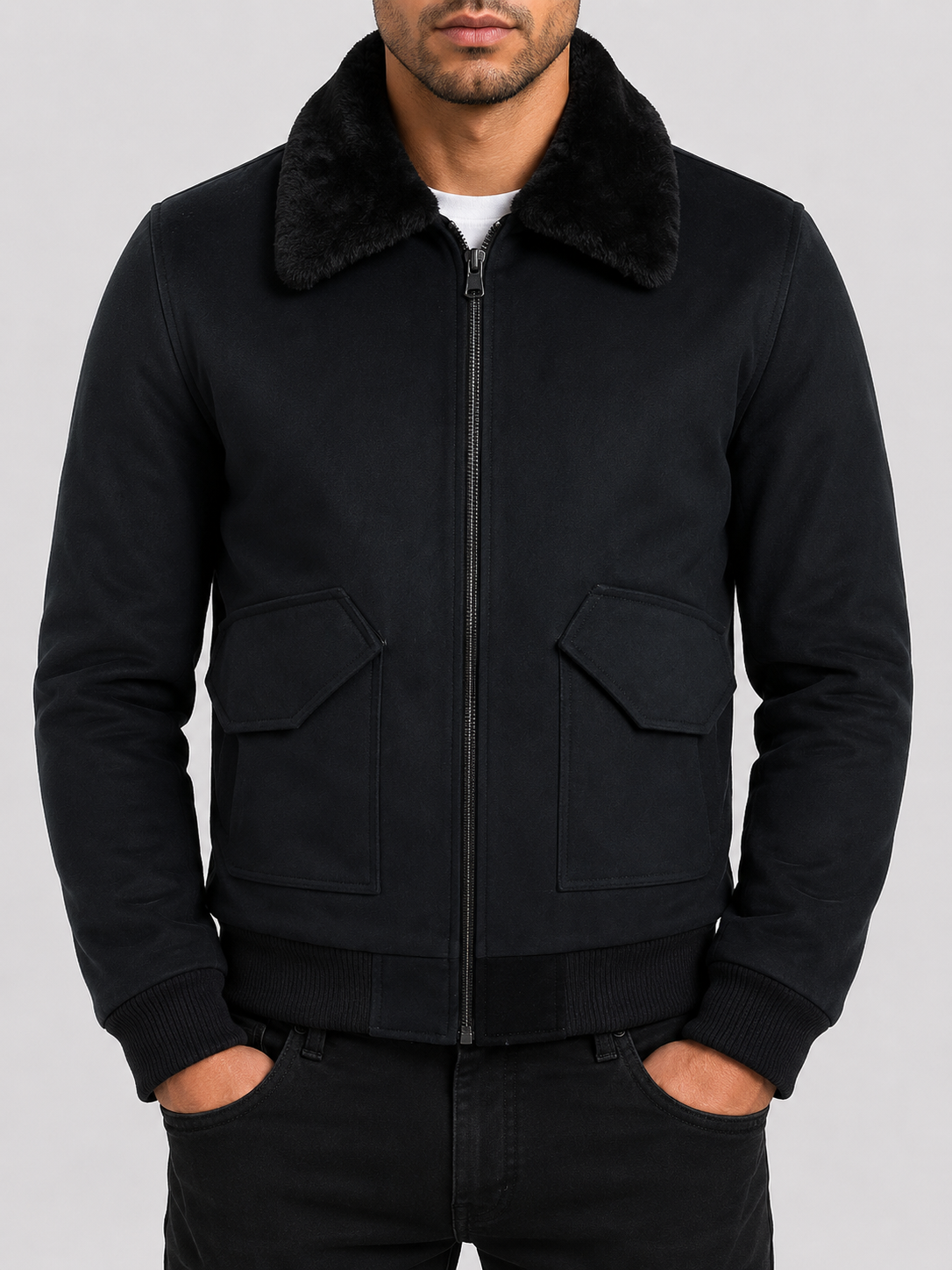 Men's black bomber jacket with fur - fur hood bomber guide
