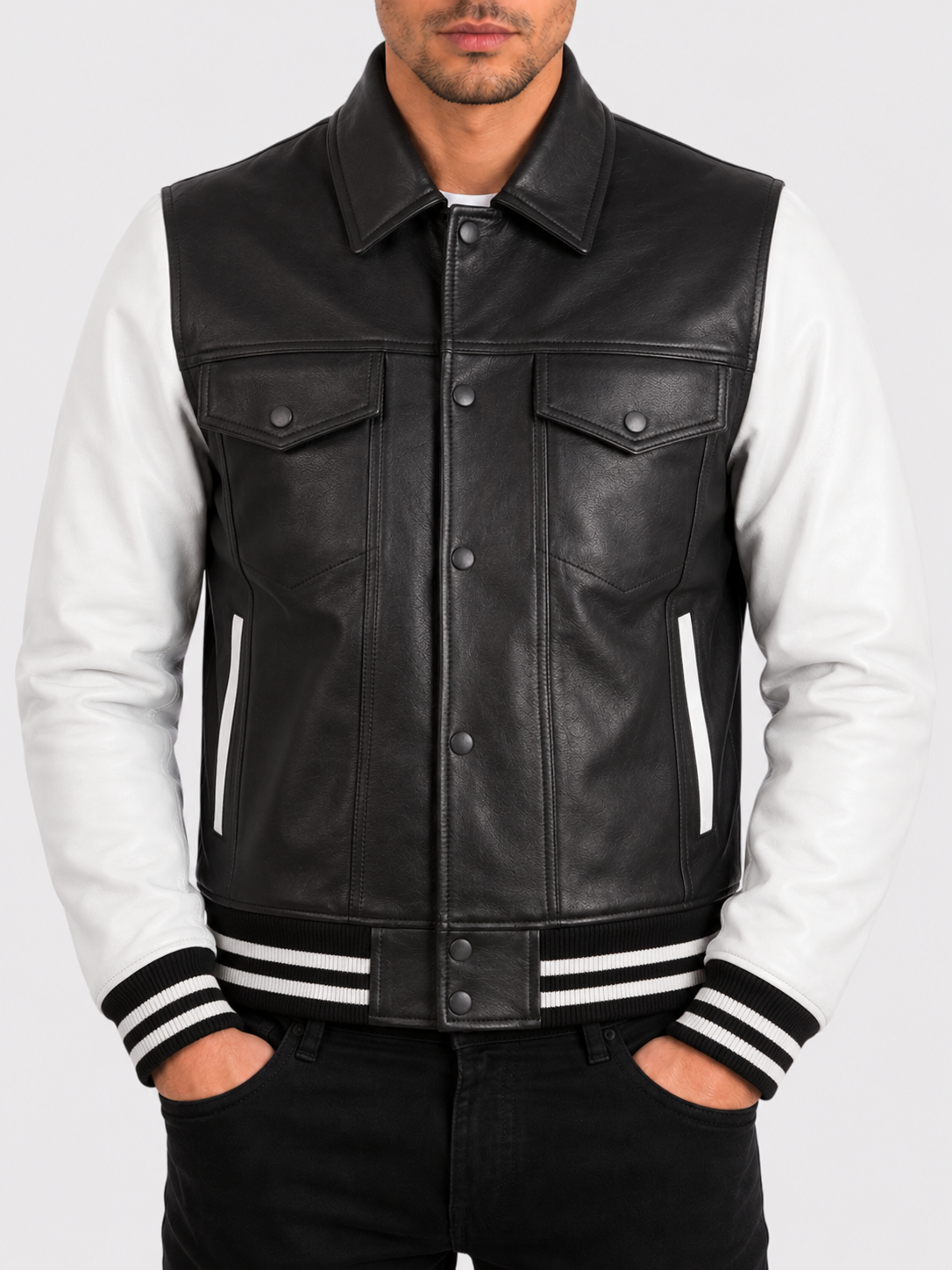 Black and white full-grain leather trucker jacket