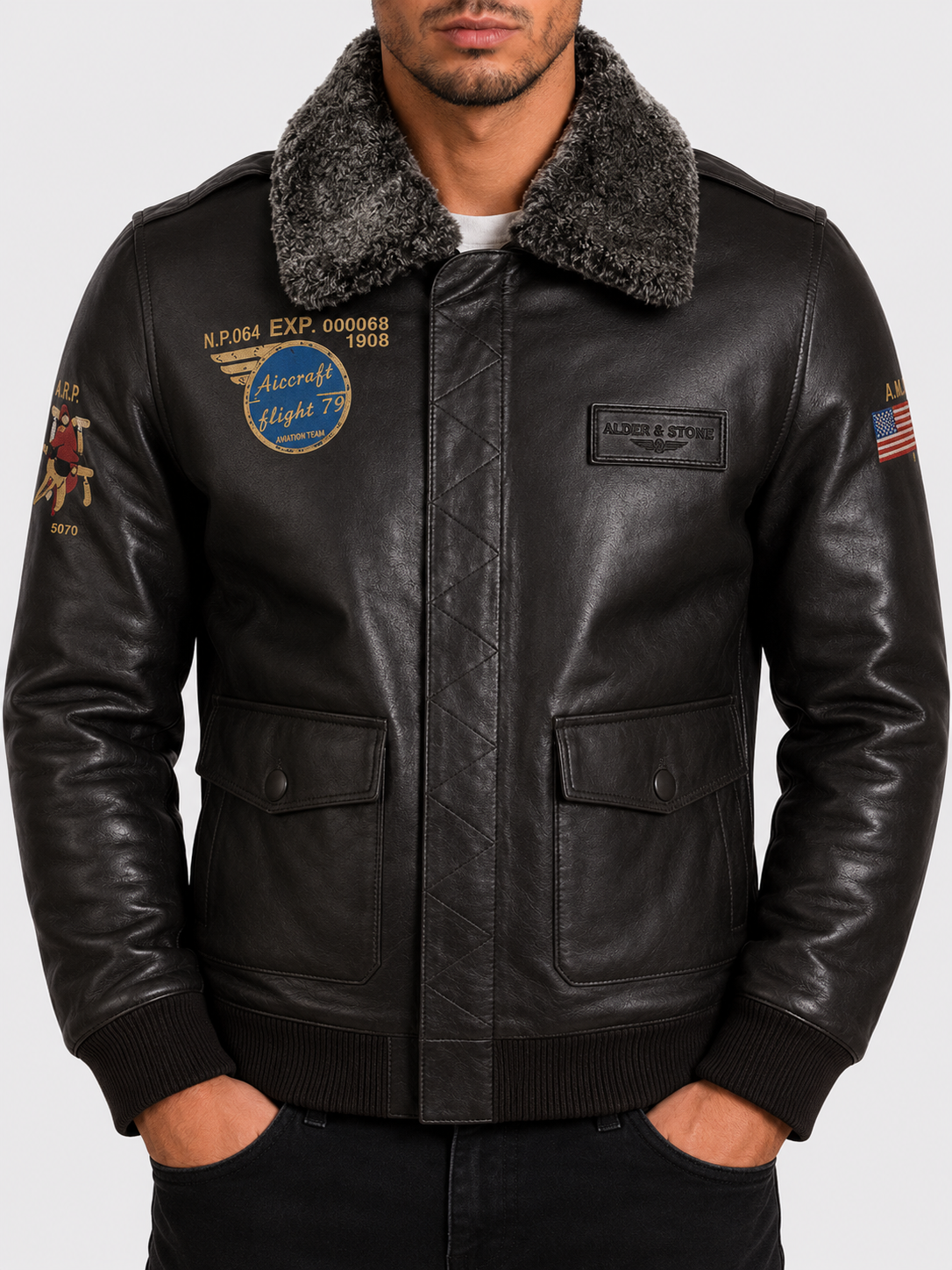 Man wearing a black leather aviator bomber jacket with shearling fur collar