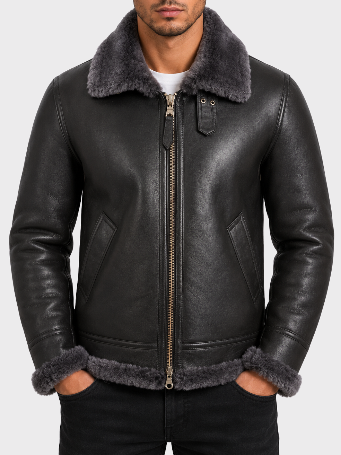Man wearing an Alder & Stone shearling leather aviator jacket with fur collar