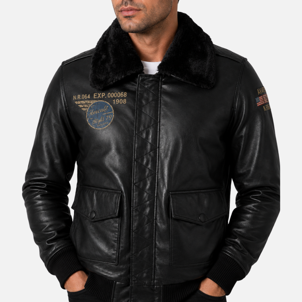Black aviator bomber jacket with black fur - Canadian winter