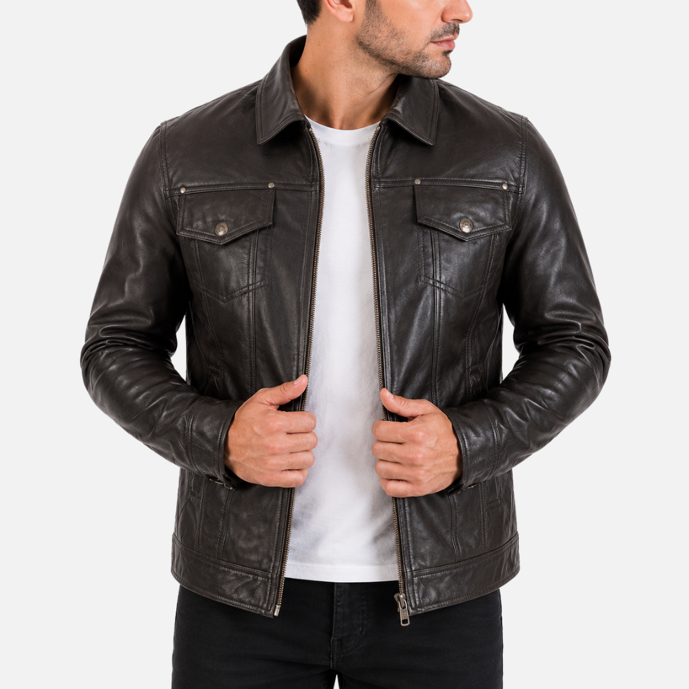 Black leather trucker jacket for autumn layering