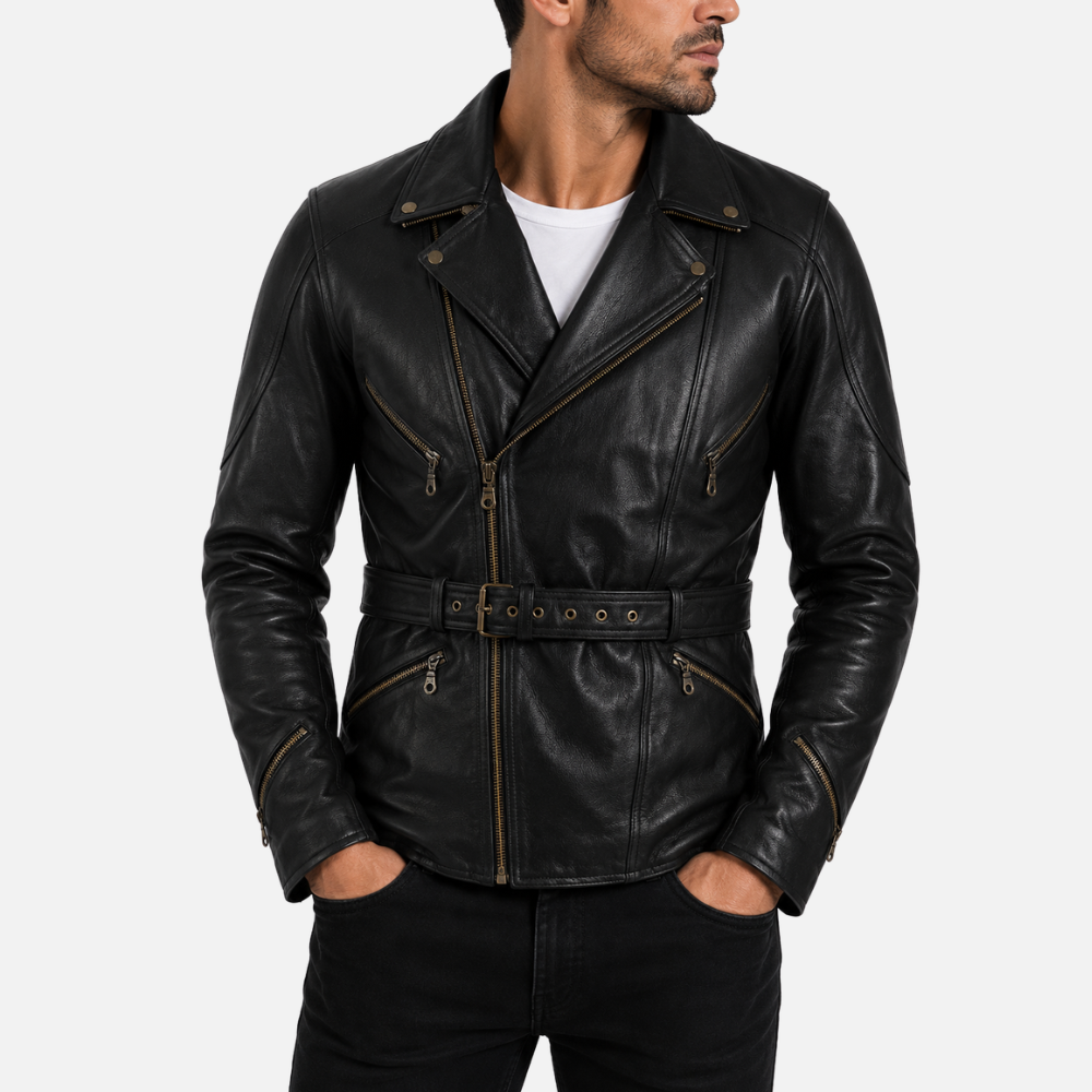 Man wearing an Alder & Stone genuine black leather motorcycle jacket