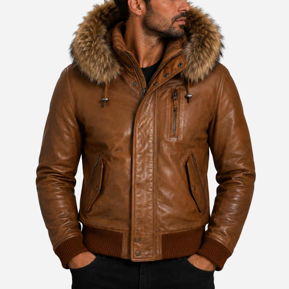 Man wearing a fur-hooded timber leather bomber jacket for winter — showing warm leather outerwear styling