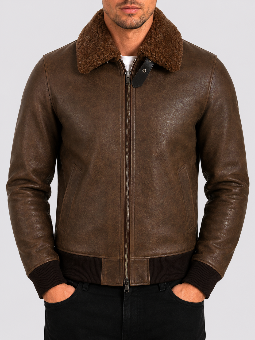 Handcrafted brown shearling bomber jacket - how leather jackets are made