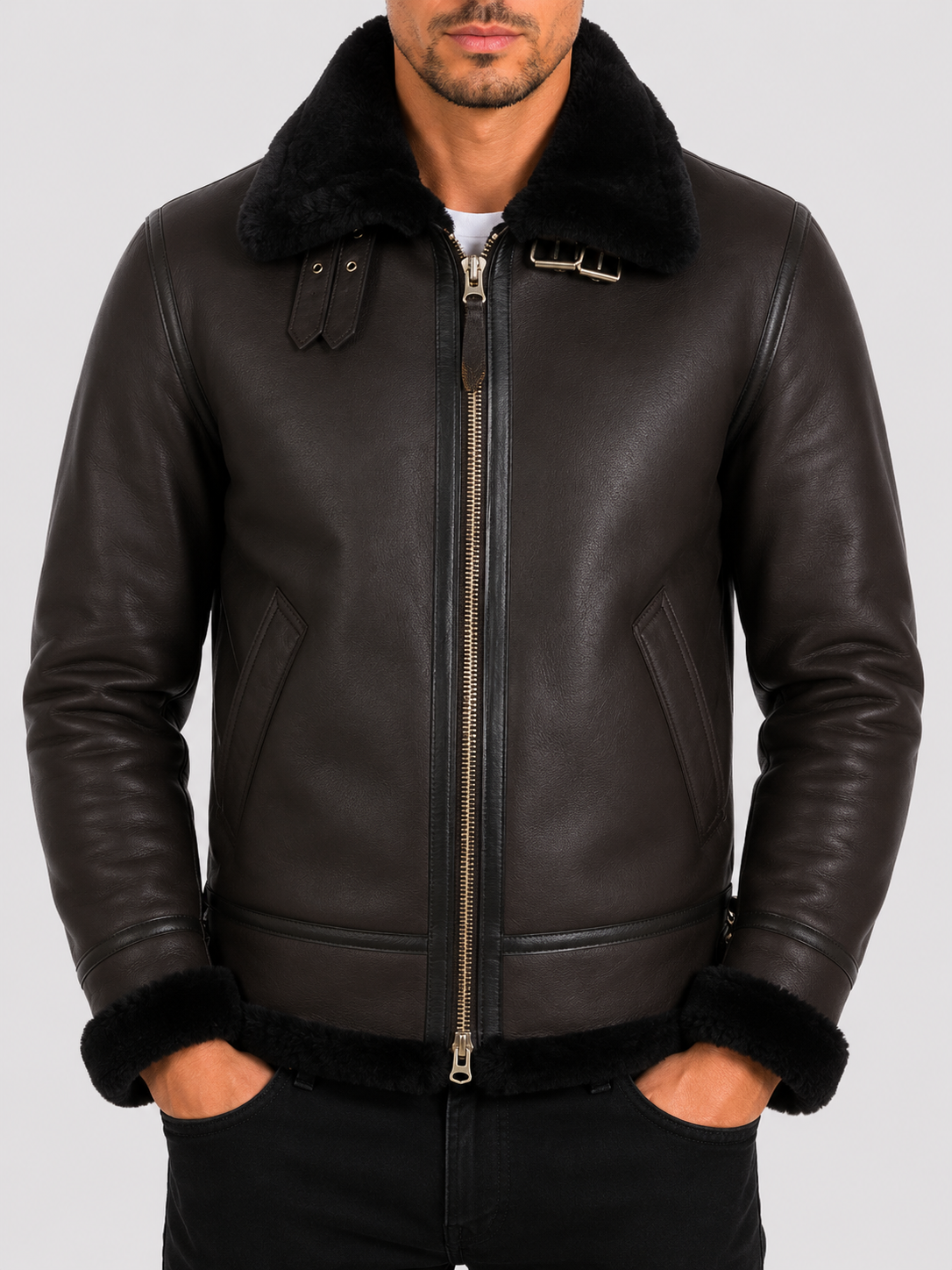 Men's black shearling sheepskin coat with fur