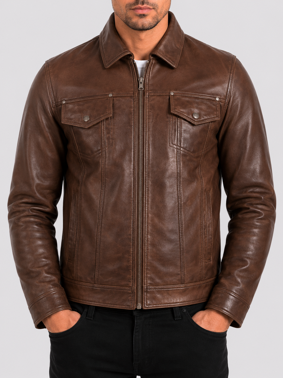Men's brown leather trucker jacket - rodeo outfit 2026