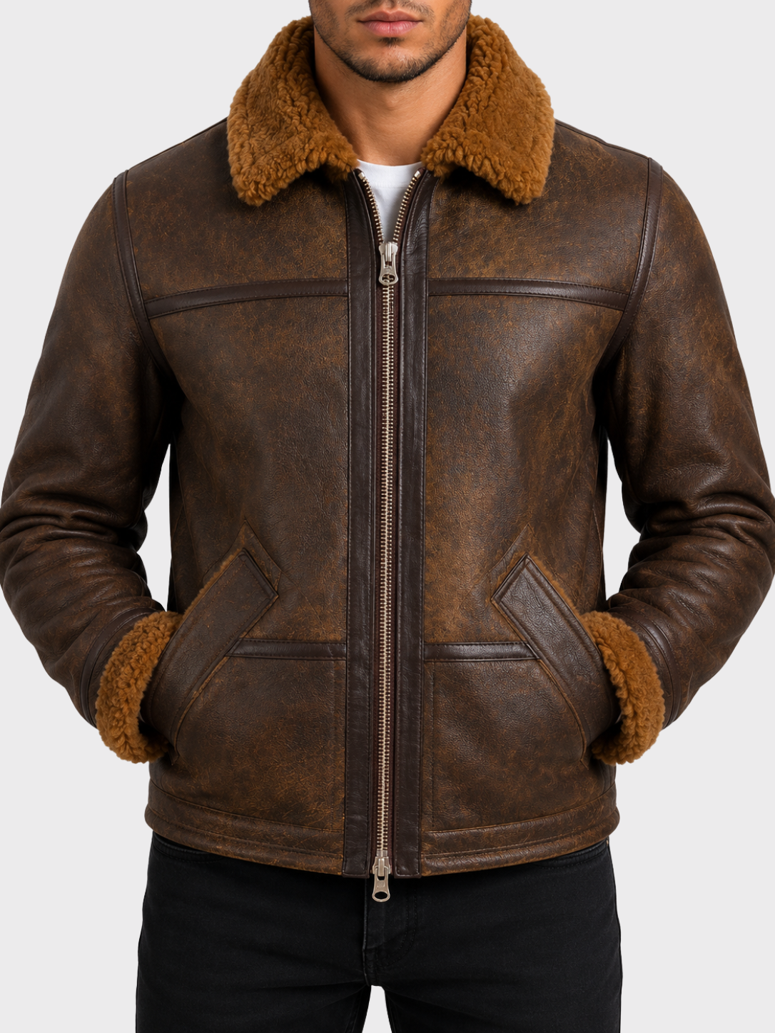 Longer cut shearling leather jacket in antique finish