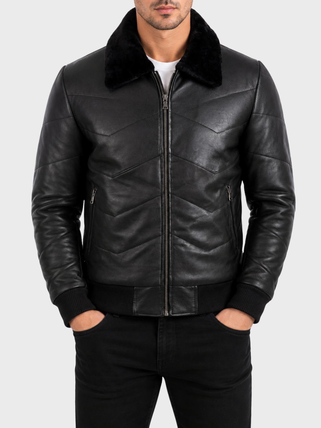 MC9P Men's Quilt Puffer Fur Aviator Bomber Jacket - Black