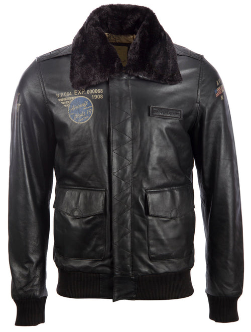 Alder & Stone Men's Aviator Bomber Jacket - Black/Black Fur