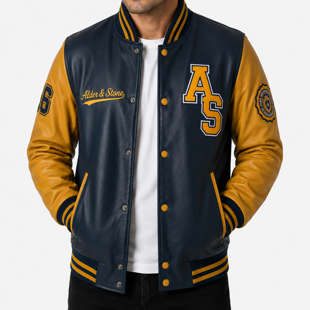 Alder & Stone Men's Varsity Jacket - Navy/Mustard