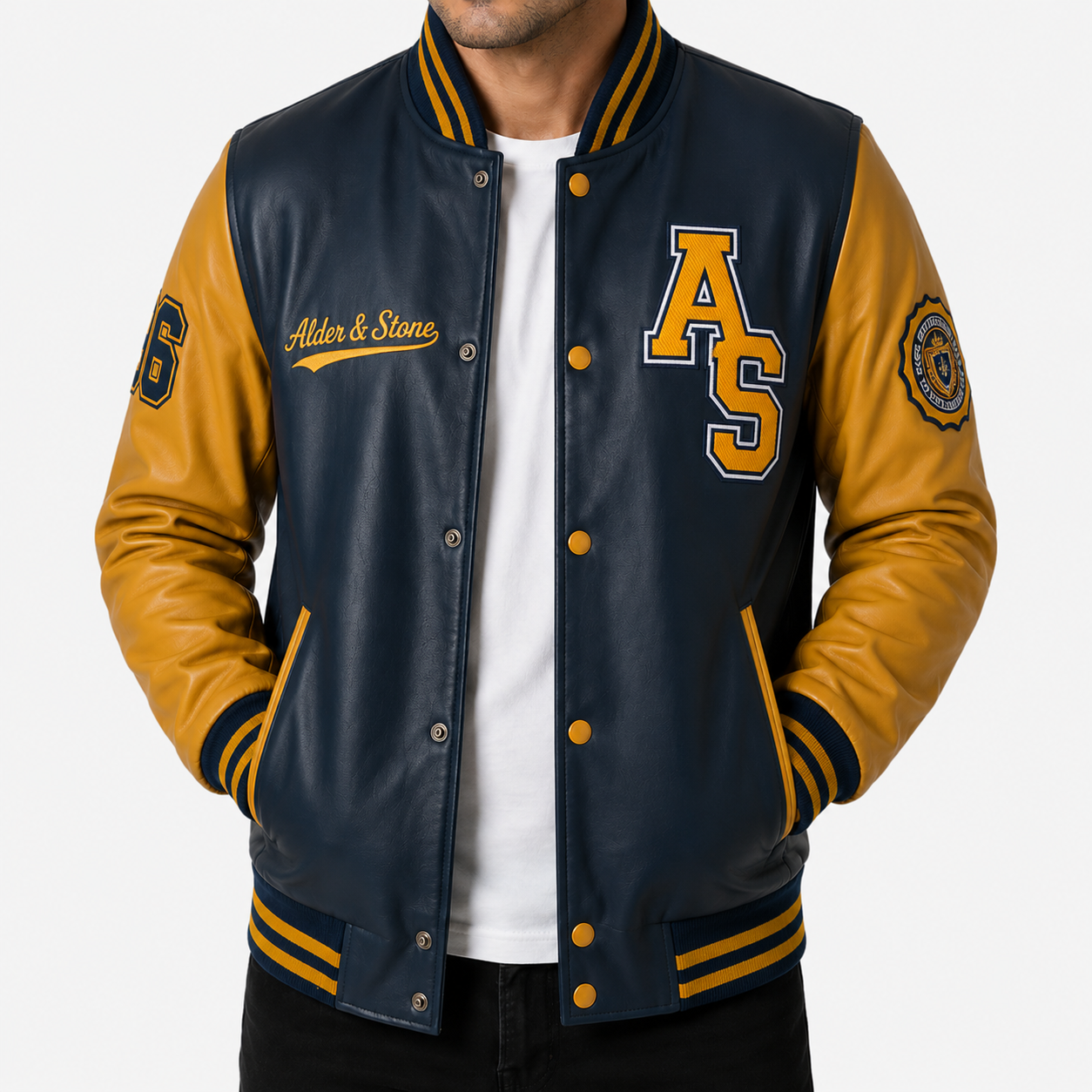 Alder & Stone Men's Varsity Jacket - Navy/Mustard