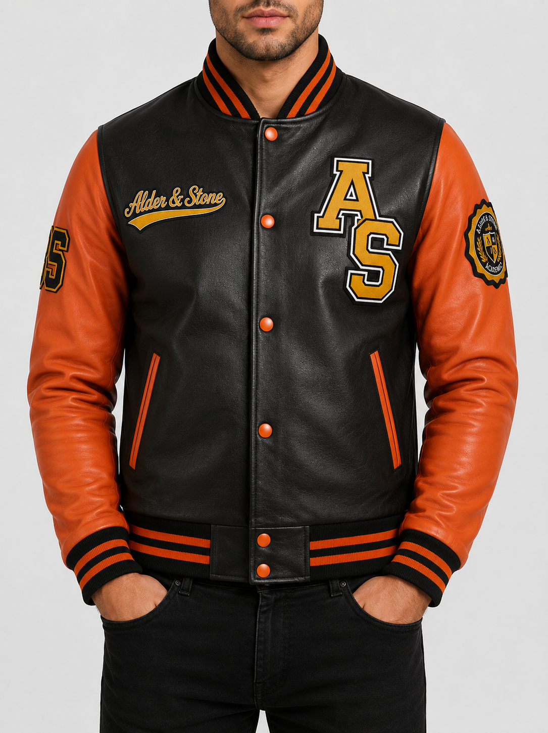Alder & Stone Men's Varsity Jacket - Black/Orange