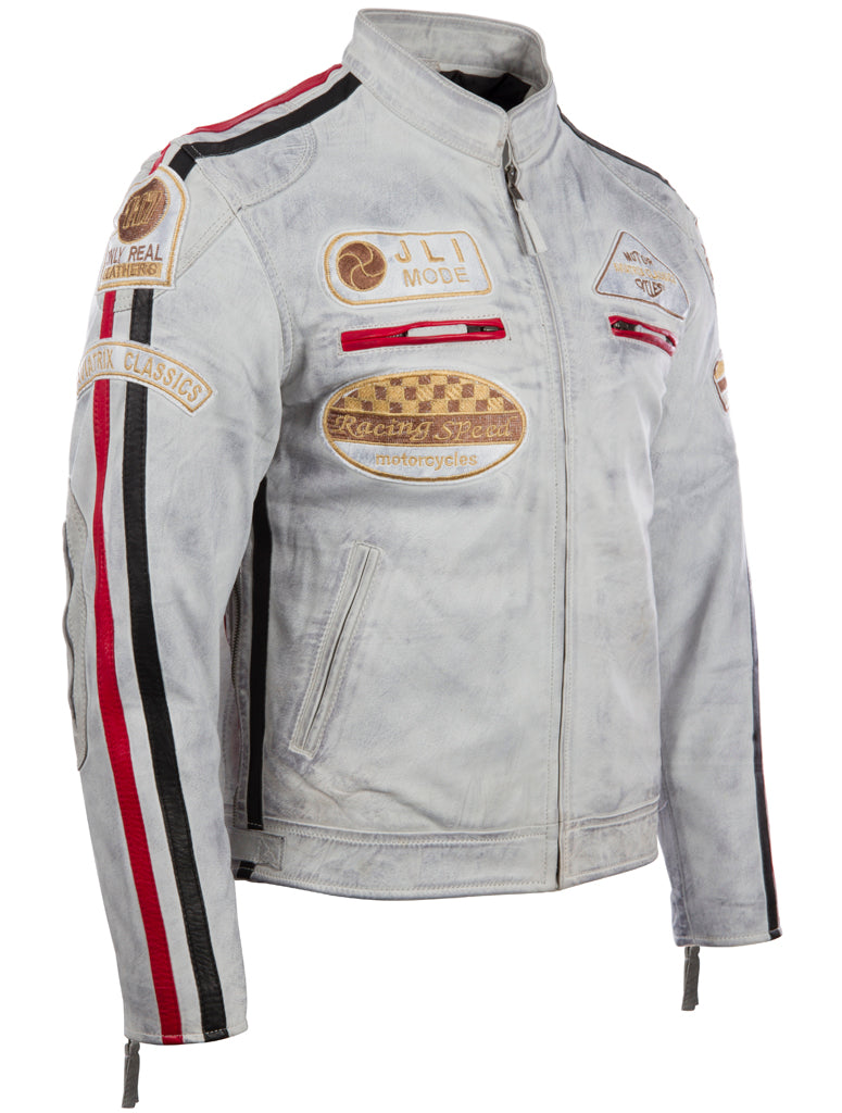CXUS Men's Racing Biker Jacket - Dirty White