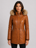 N5SQ Women's Trench Fur Hood Coat - Timber