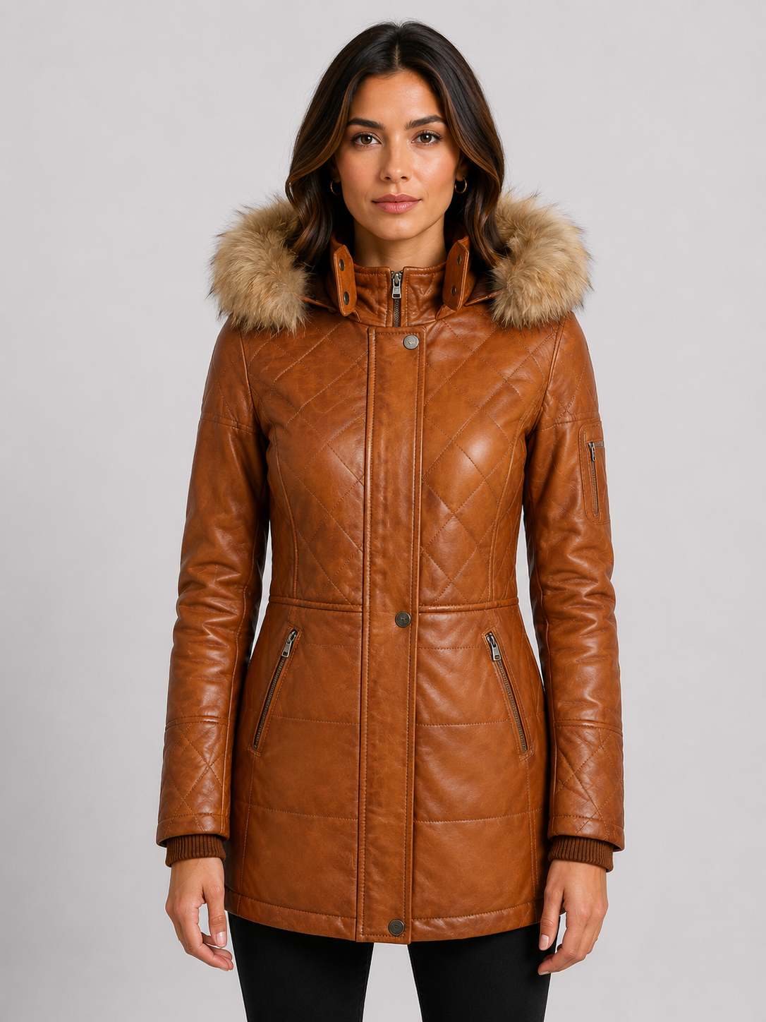 N5SQ Women's Trench Fur Hood Coat - Timber