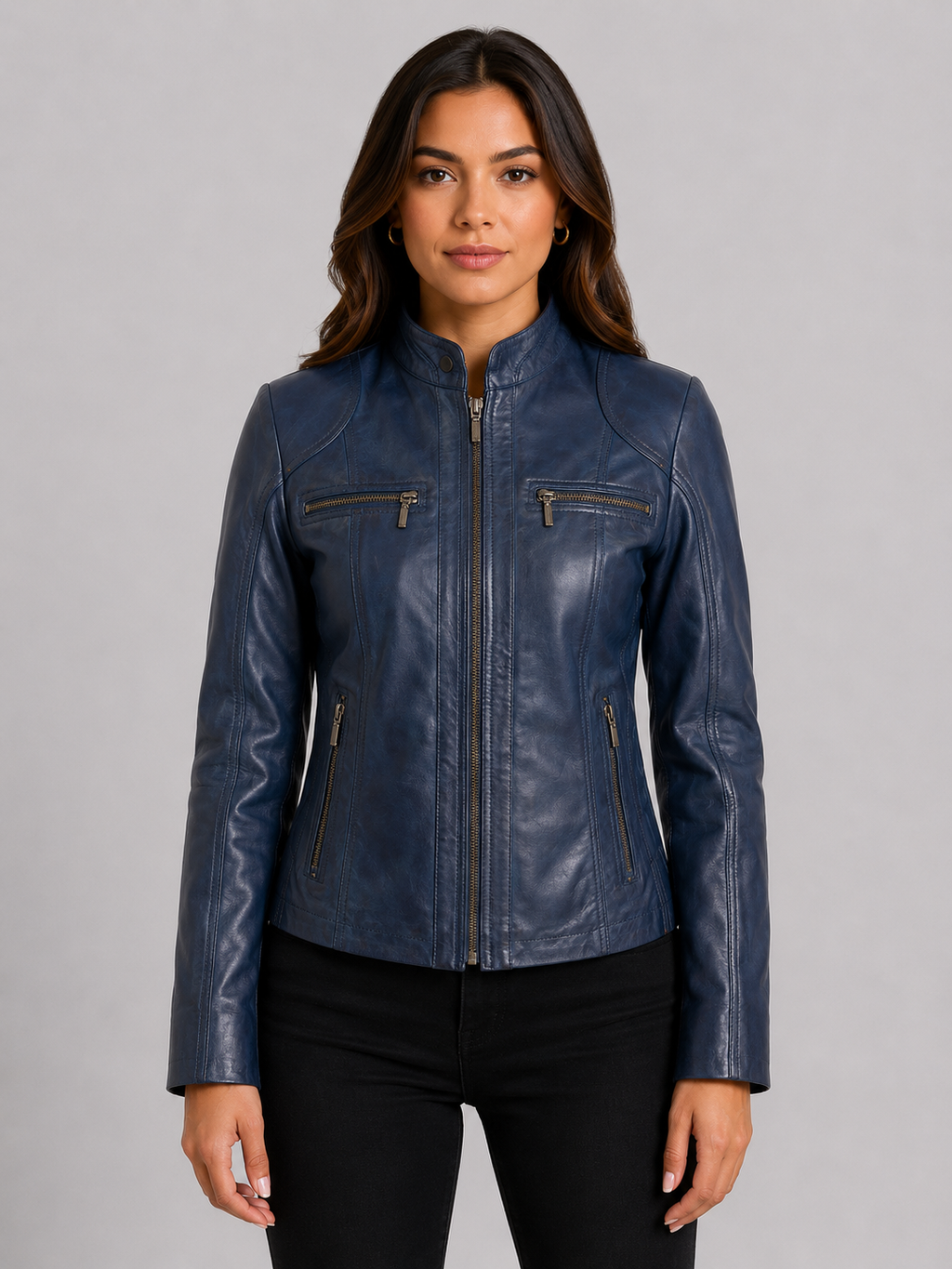 OBFQ Women's Biker Jacket - Navy Blue