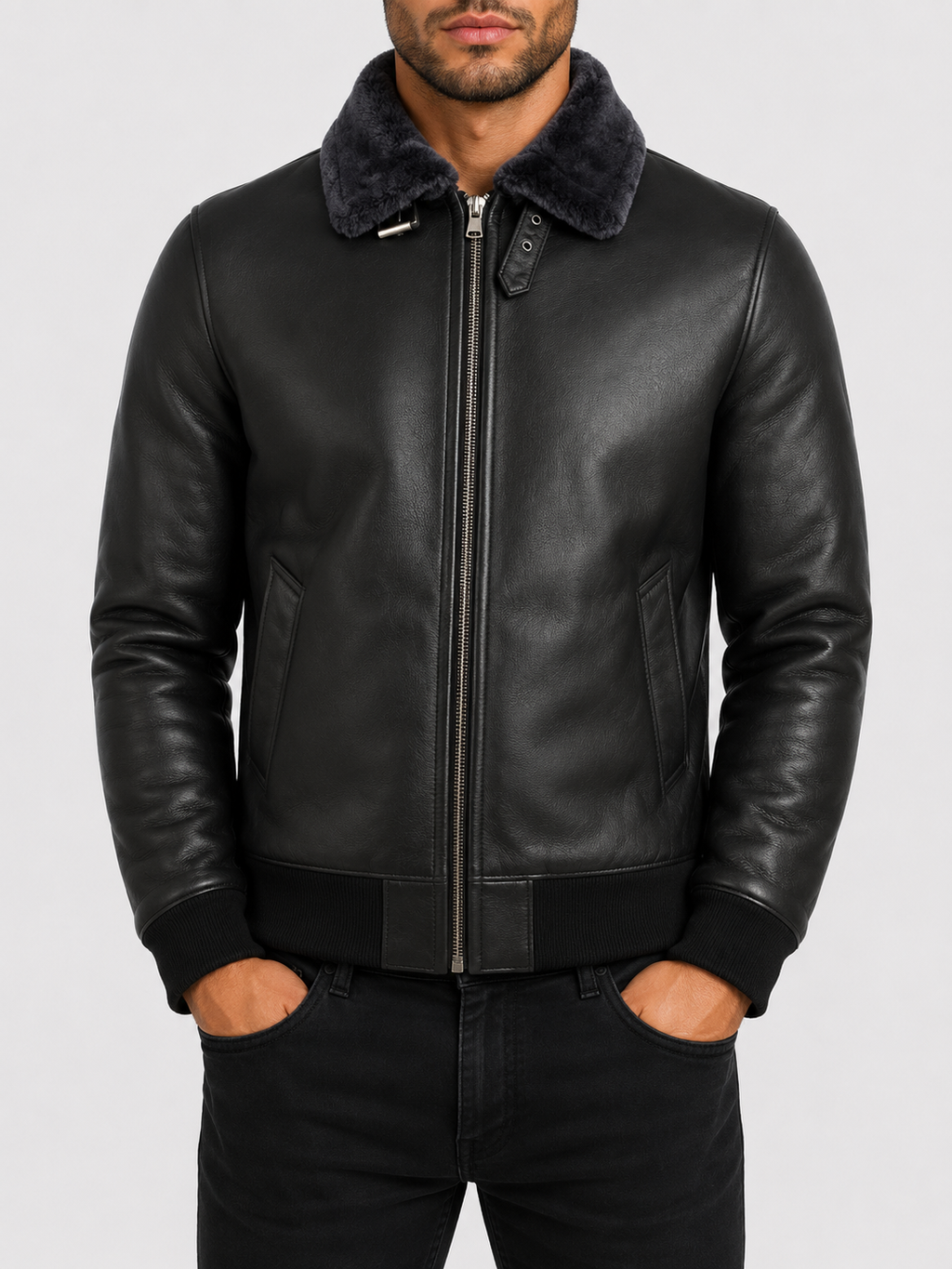 7DIA Men's Shearling Bomber Jacket - Black/Snowtop Fur