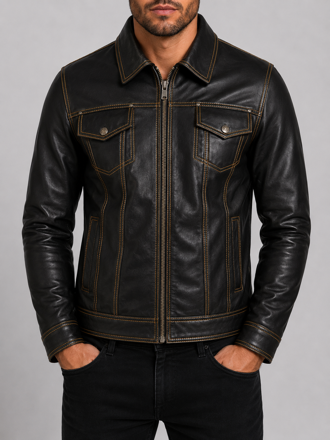 AGQ5 Men's Trucker Harrington Jacket - Black/Yellow