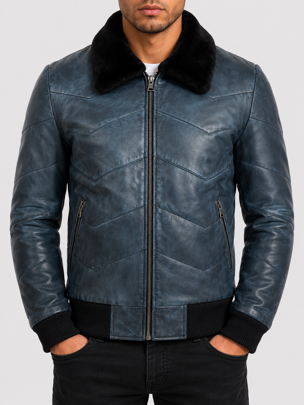 MC9P Men's Quilt Puffer Fur Aviator Bomber Jacket - Frosty Blue