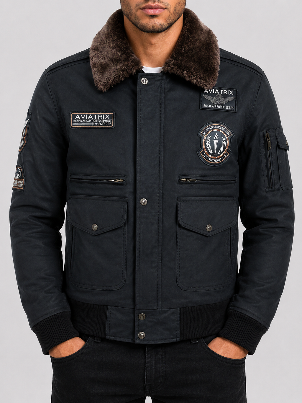HWLI Men's Aviator Patch Bomber Jacket - Skipper Brown