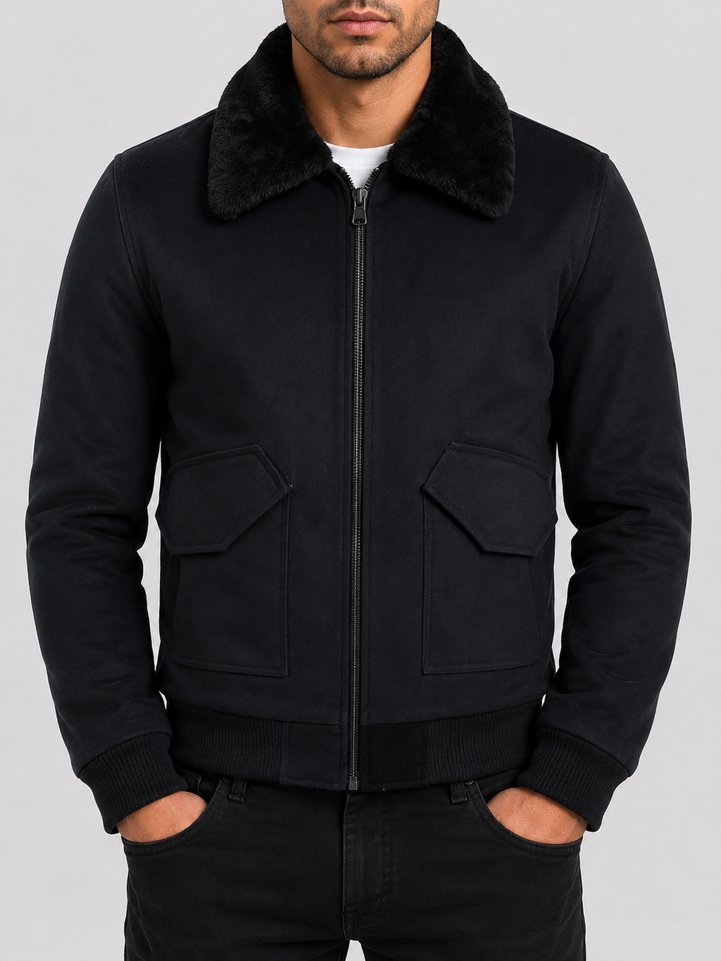 Y0KS Mens Bomber Fur Jacket - Black