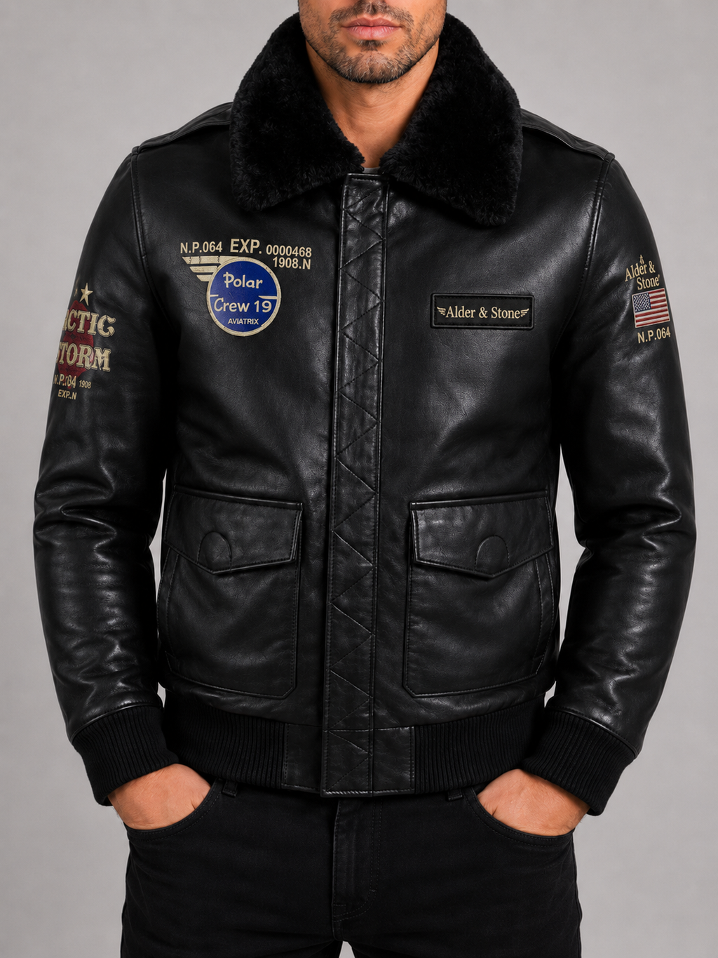 Alder & Stone Men's Aviator Jacket - Black/Black Fur