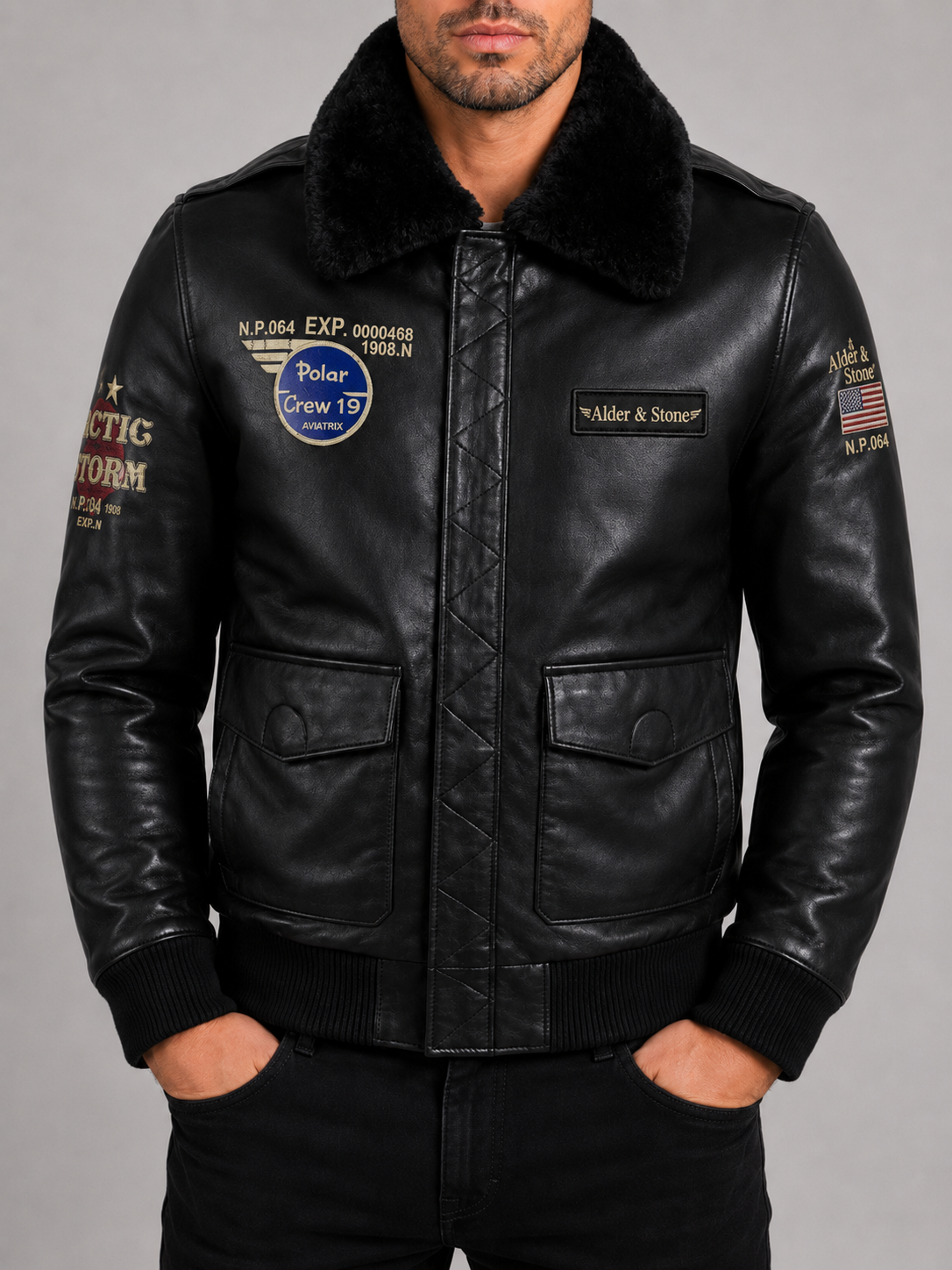 Alder & Stone Men's Aviator Jacket - Black/Black Fur