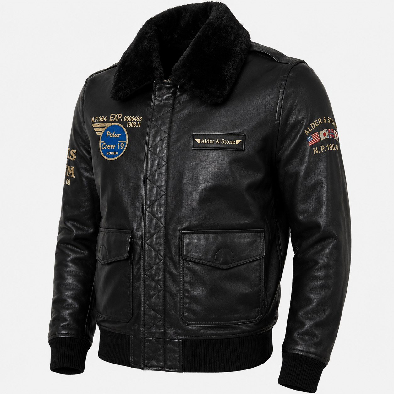 Alder & Stone Men's Aviator Jacket - Black/Black Fur
