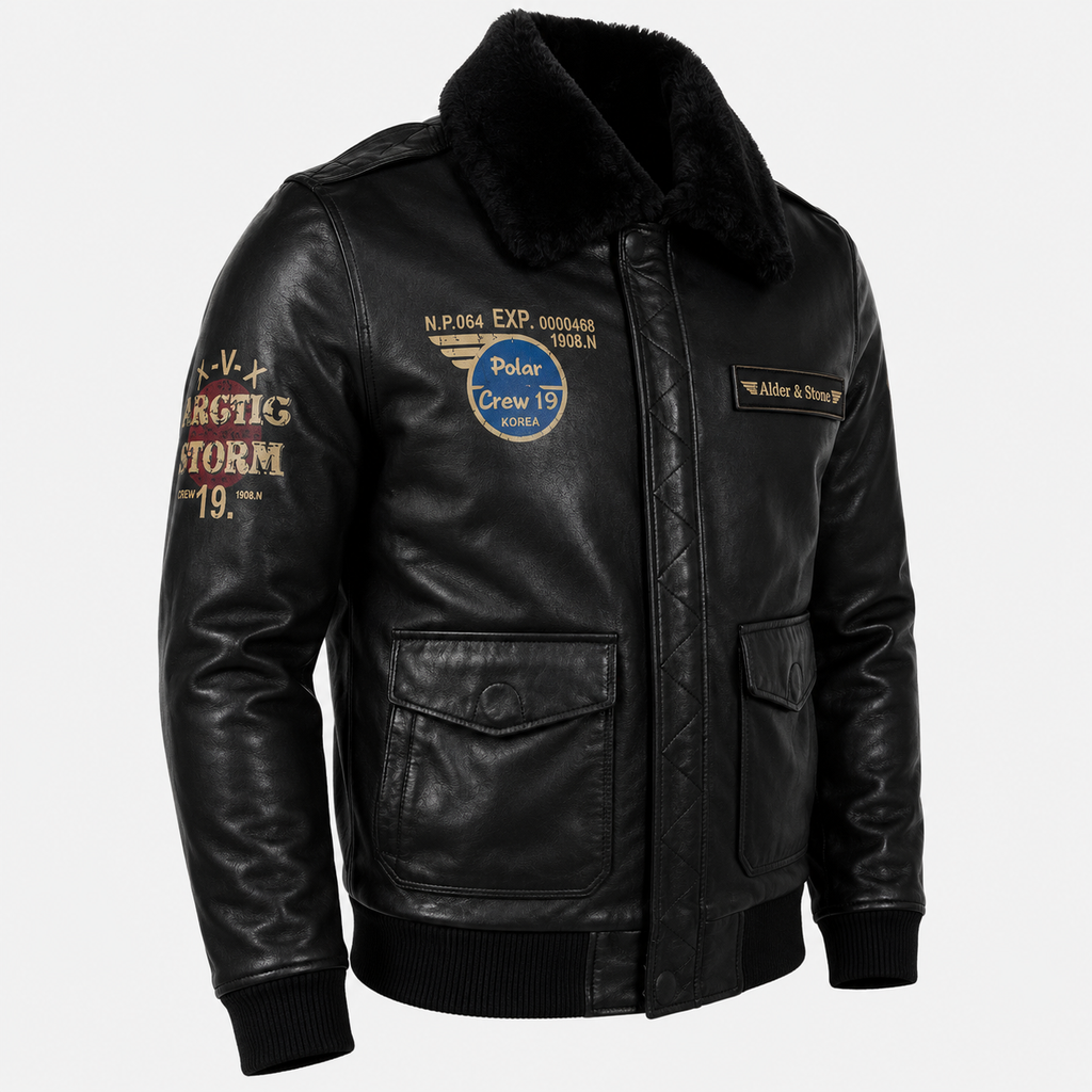 Alder & Stone Men's Aviator Jacket - Black/Black Fur