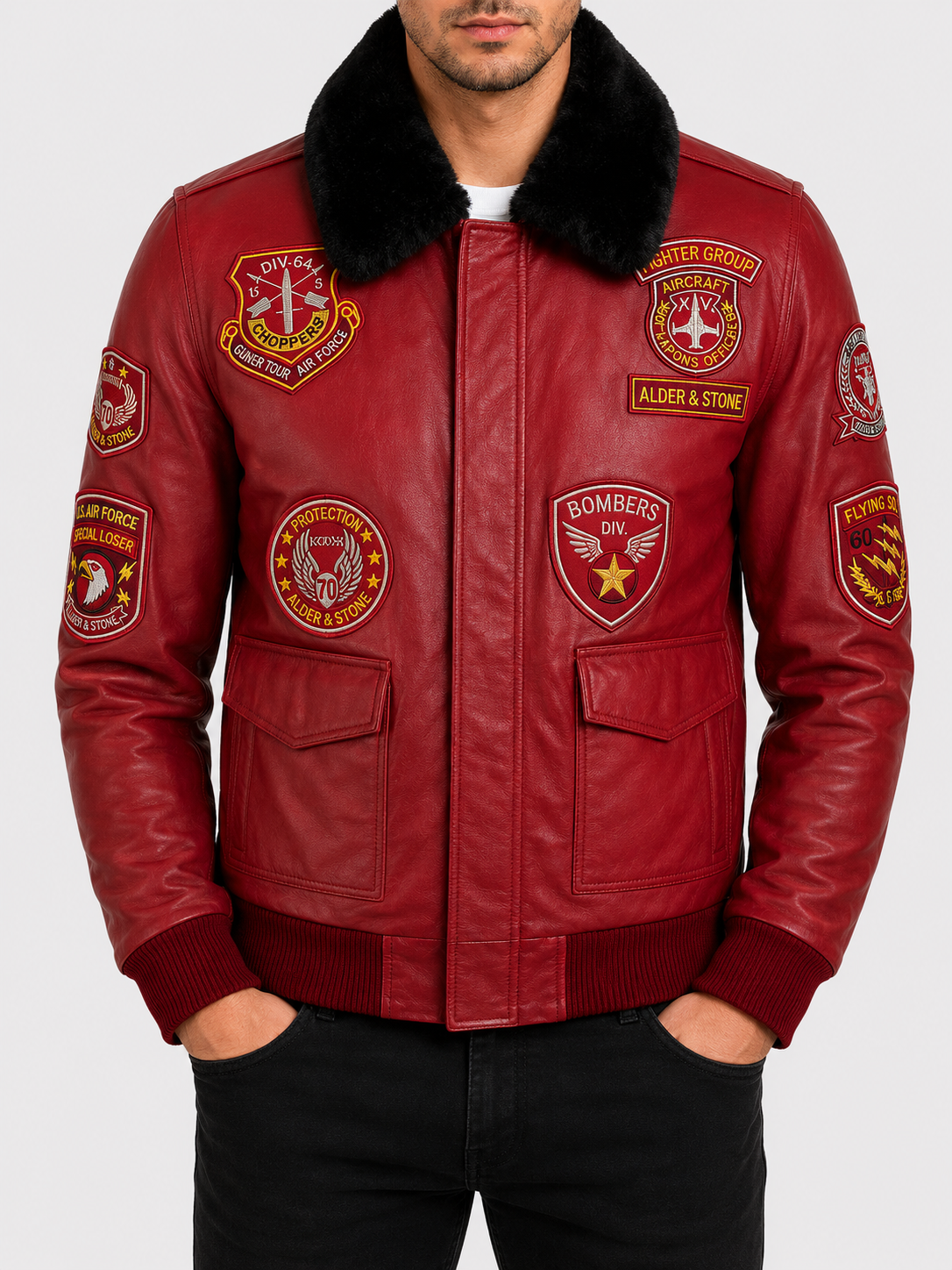 Alder & Stone Men's Aviator Bomber Jacket - Red