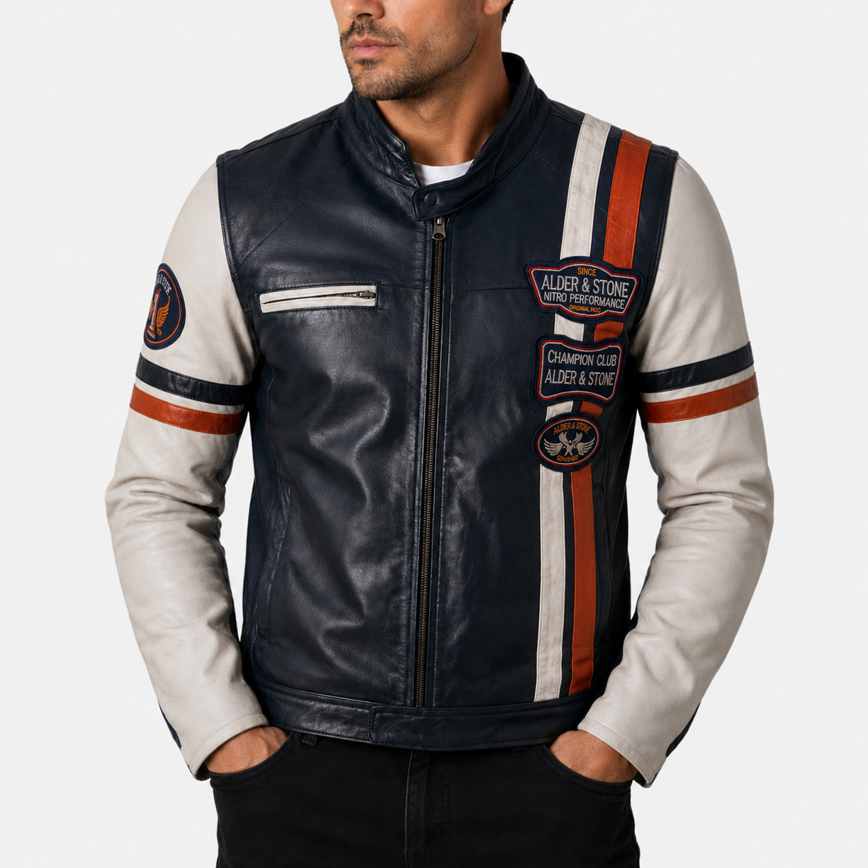 Alder & Stone Men's Retro Biker Jacket - Navy/White