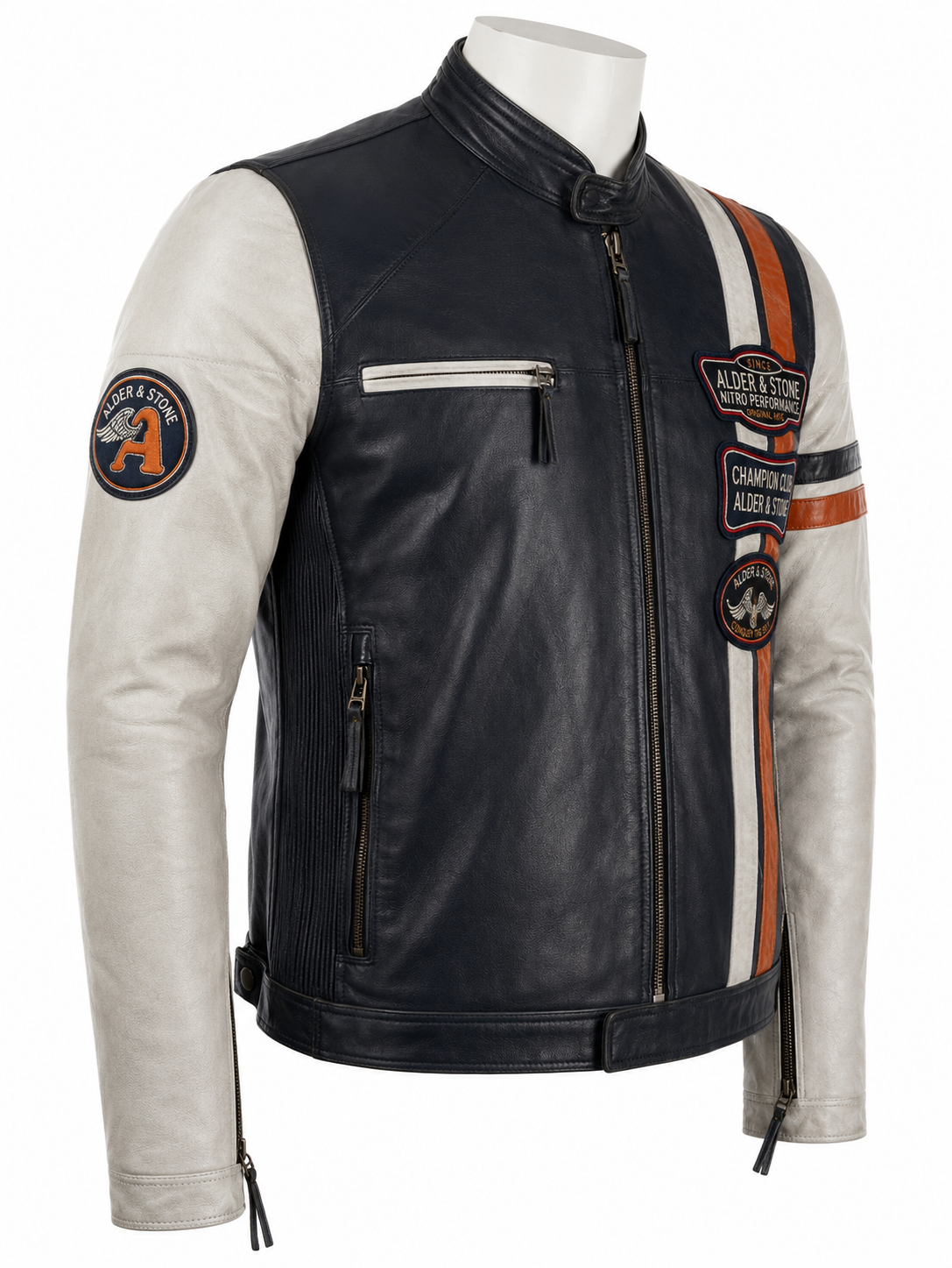 Alder & Stone Men's Retro Biker Jacket - Navy/White