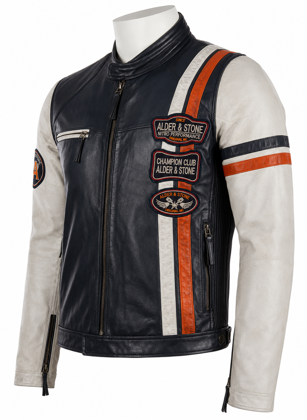 Alder & Stone Men's Retro Biker Jacket - Navy/White
