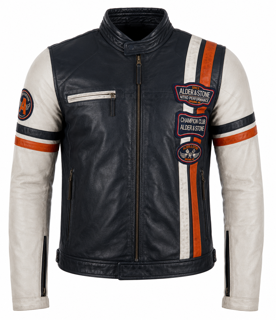 Alder & Stone Men's Retro Biker Jacket - Navy/White