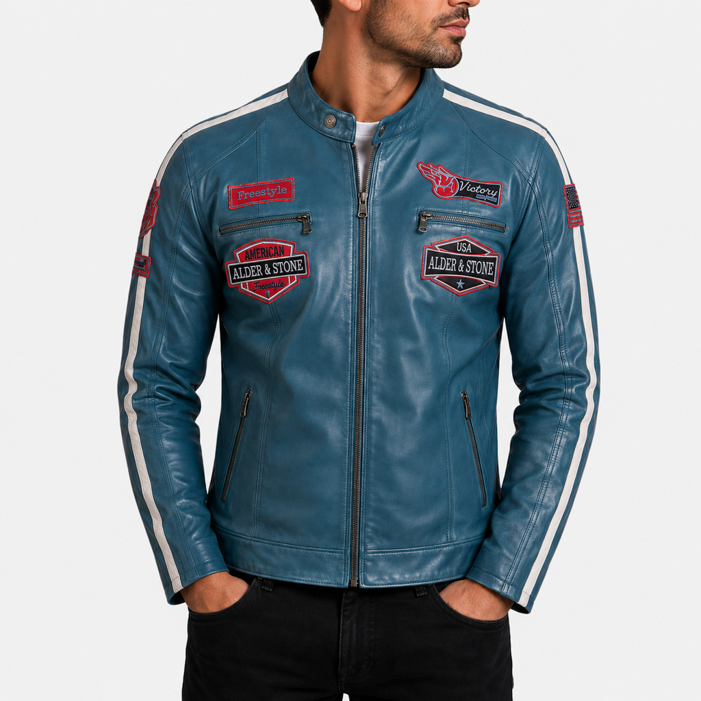 Alder & Stone Men's Racing Biker Jacket - Denim Blue