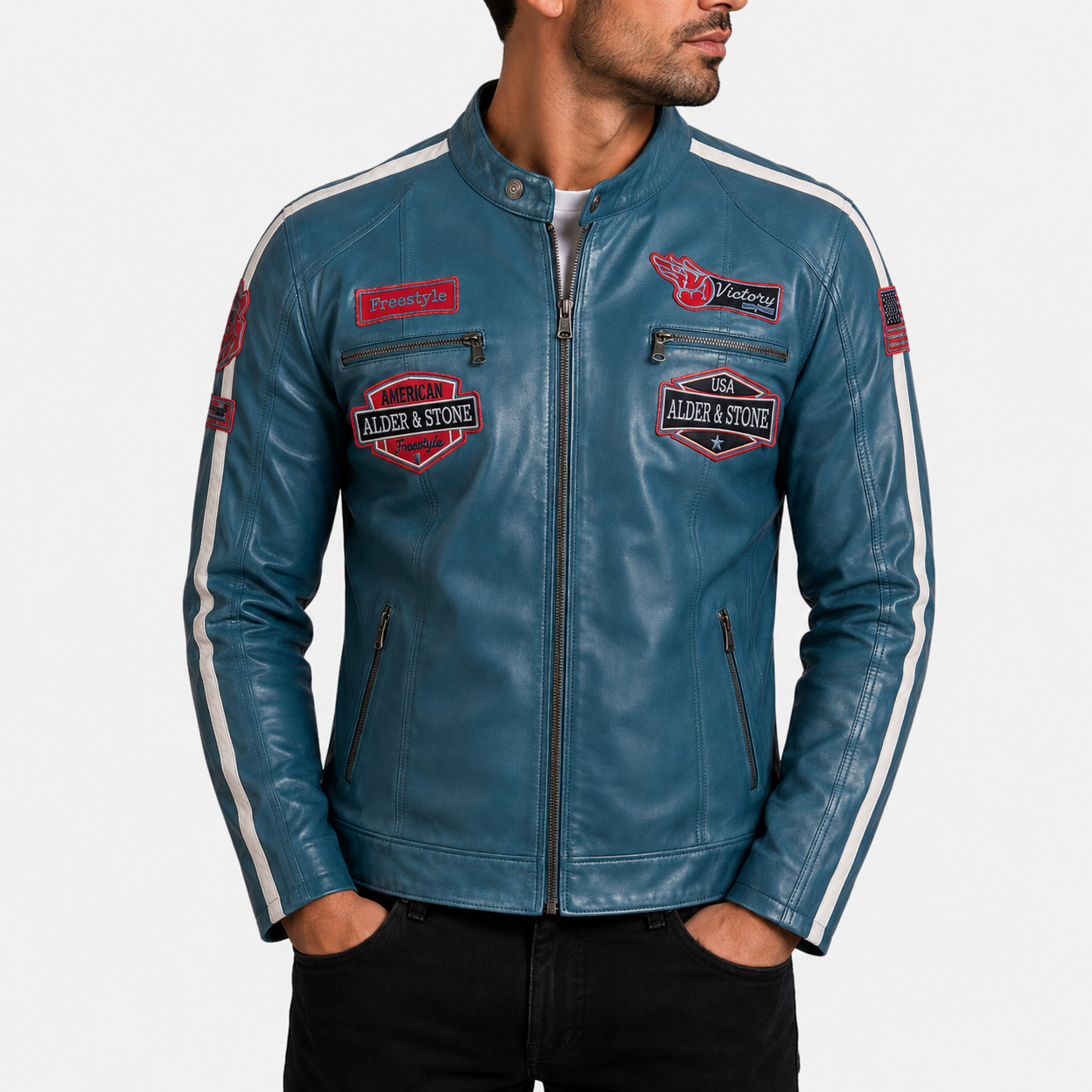 Alder & Stone Men's Racing Biker Jacket - Denim Blue