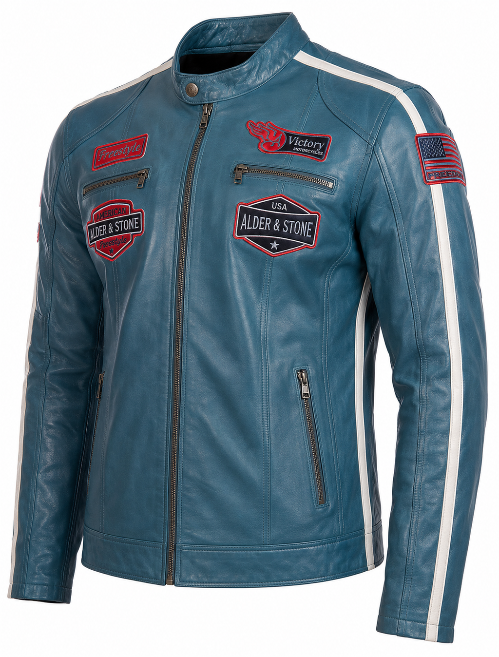 Alder & Stone Men's Racing Biker Jacket - Denim Blue