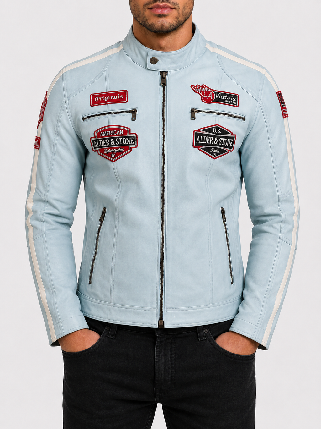 Alder & Stone Men's Racing Biker Jacket - Sky Blue