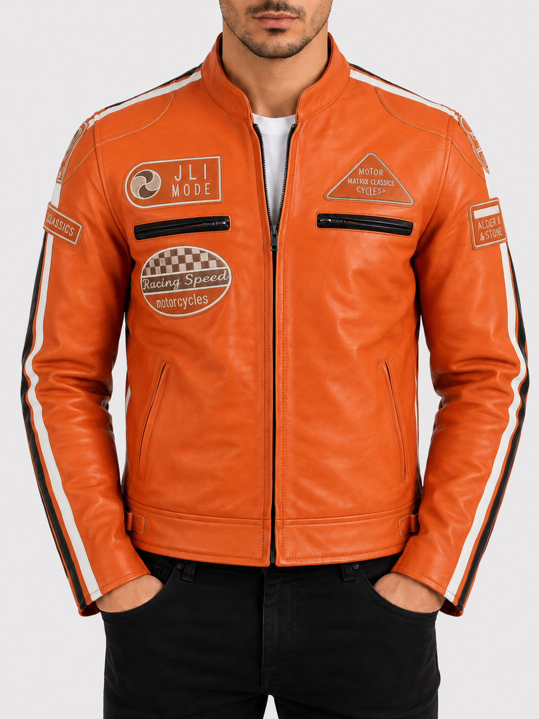 Alder & Stone Men's Racing Biker Jacket - Light Orange