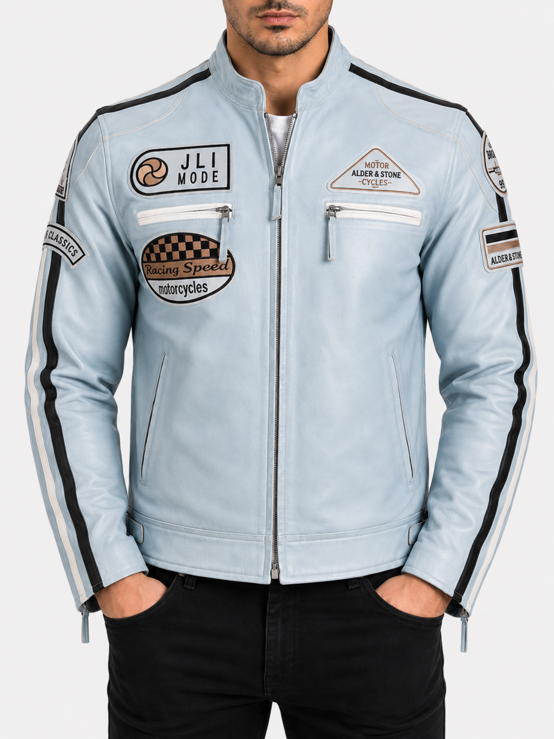 Alder & Stone Men's Racing Biker Jacket - Sky Blue