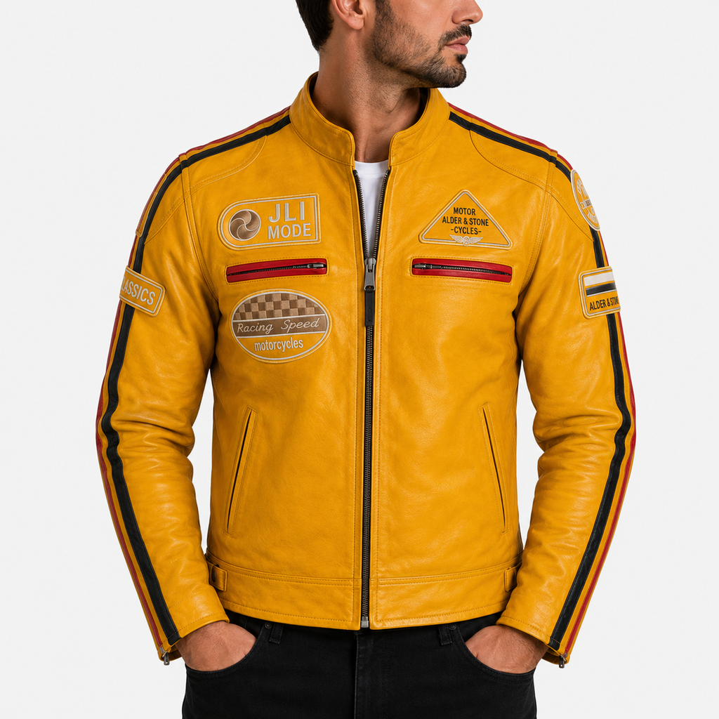 Alder & Stone Men's Racing Biker Jacket - Yellow
