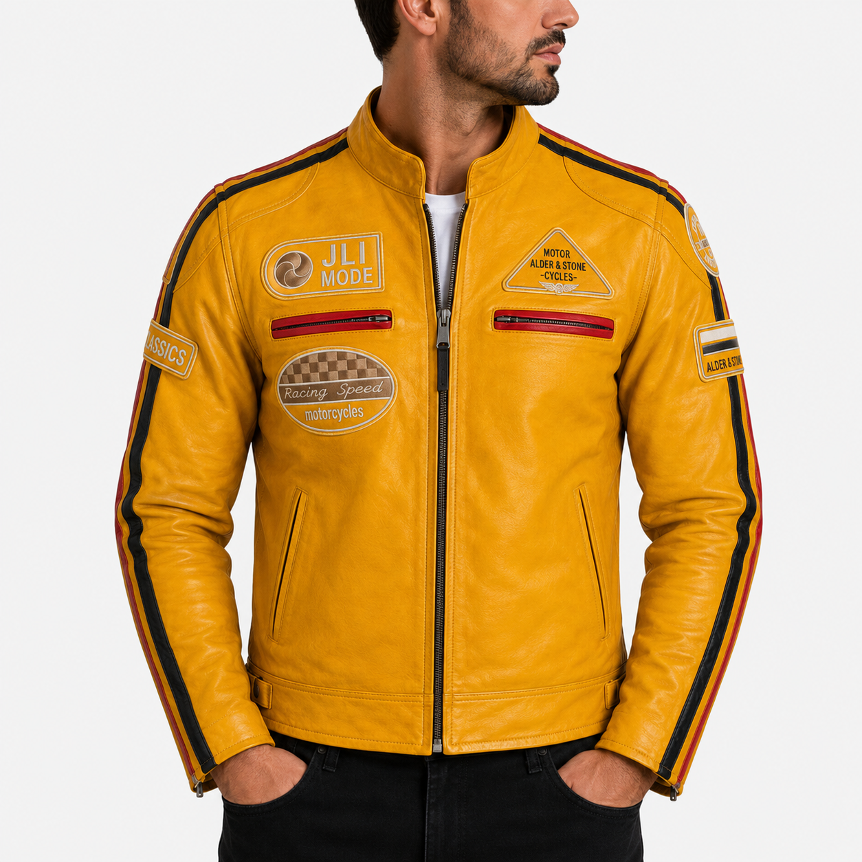 Alder & Stone Men's Racing Biker Jacket - Yellow
